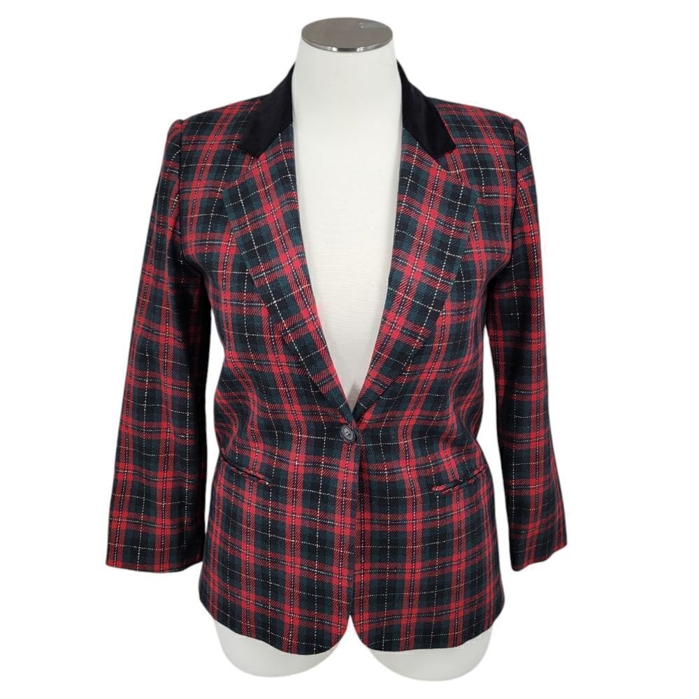 Radcliffe Vintage Wool Blend Tartan Plaid Christmas Holiday Blazer Velvet Collar